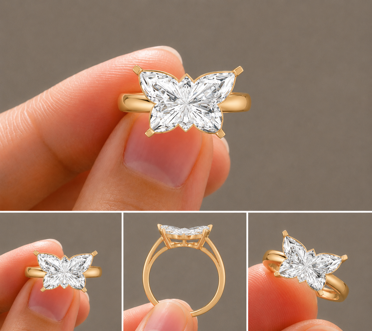 Custom-Cut Butterfly Diamond Ring, IGI-Certified, 14K 18K Gold, angled view