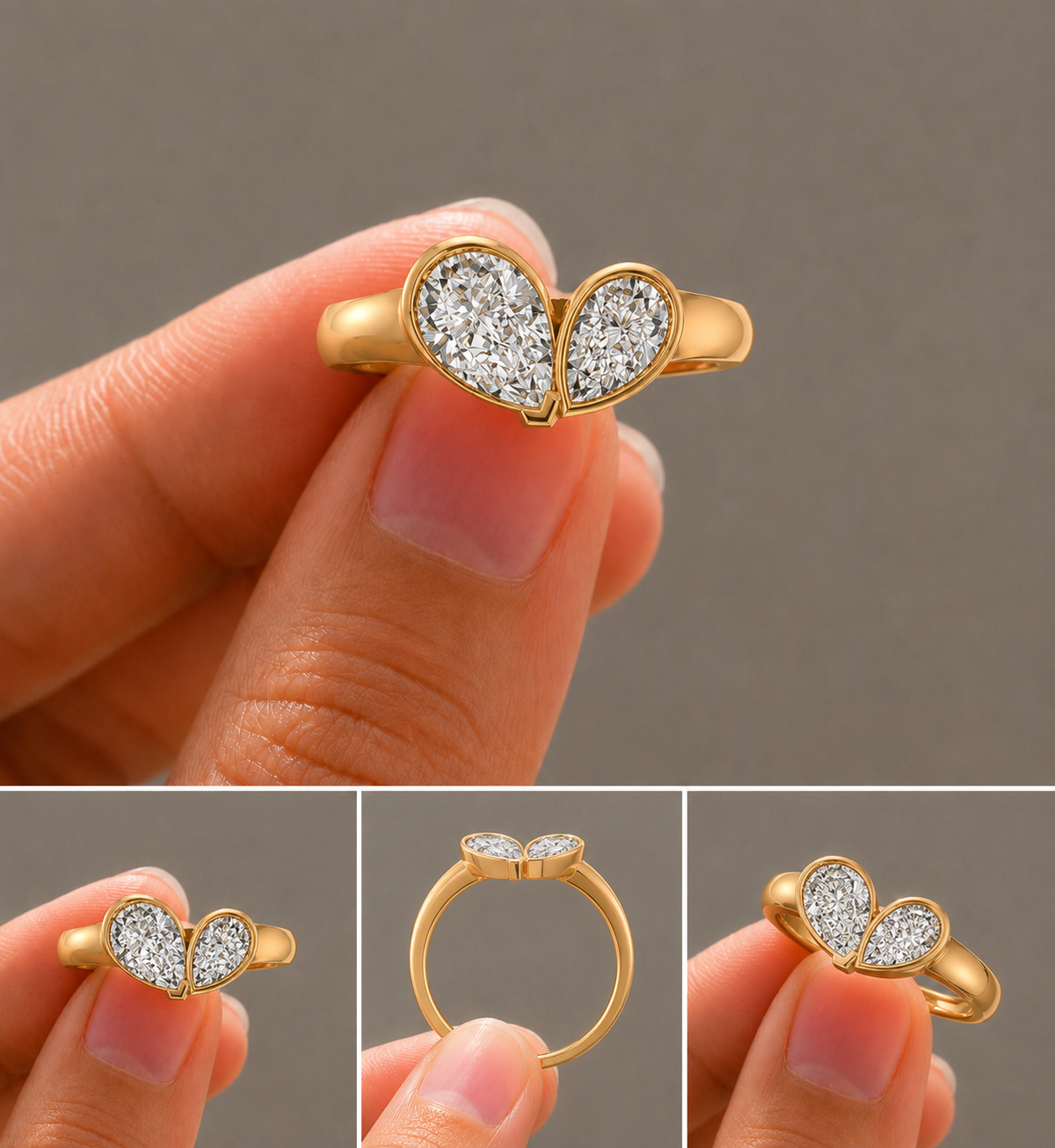 Pear Toi et Moi Heart Ring, IGI-Certified, 14K 18K Gold, angled view