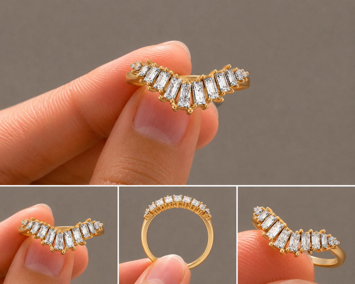 Tapered Baguette V-Shape Wedding Band, IGI-Certified, 14K 18K Gold, angled view