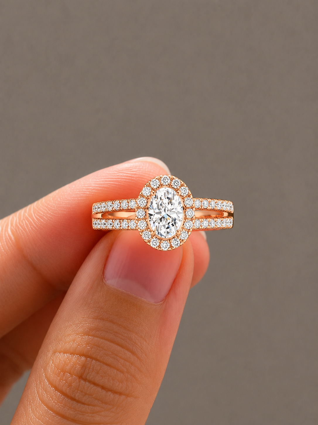 Oval Halo Double Split Lab-Grown Diamond Engagement Ring, IGI-Certified, 14K 18K Gold, front view