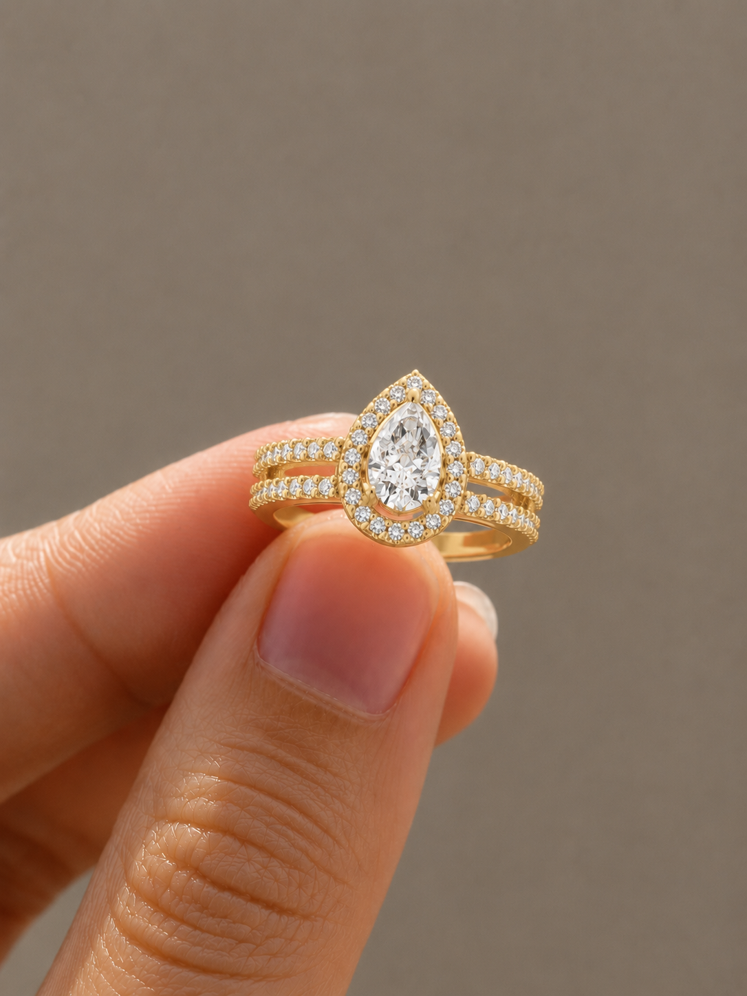 Pear Halo Double Band Lab-Grown Diamond Engagement Ring, IGI-Certified, 14K 18K Gold – Tinch Jewels