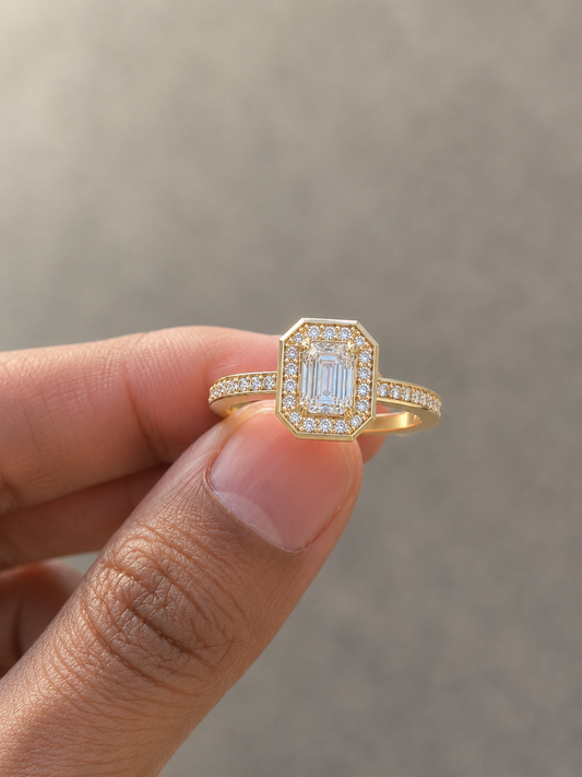 Emerald Halo Engagement Ring in Lab Grown Diamond