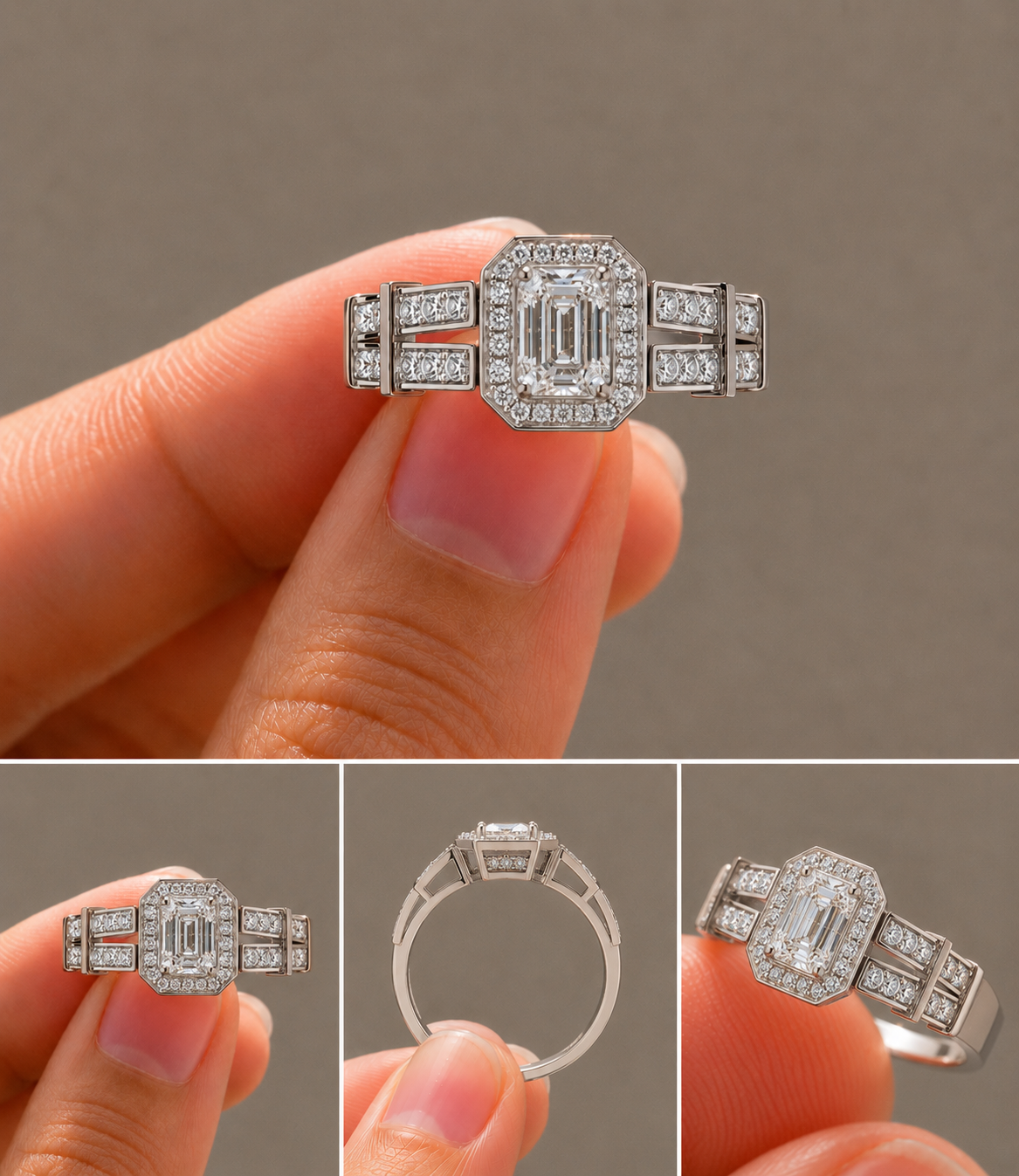 Emerald Halo Bridge Ring, IGI-Certified, 14K 18K Gold, angled view