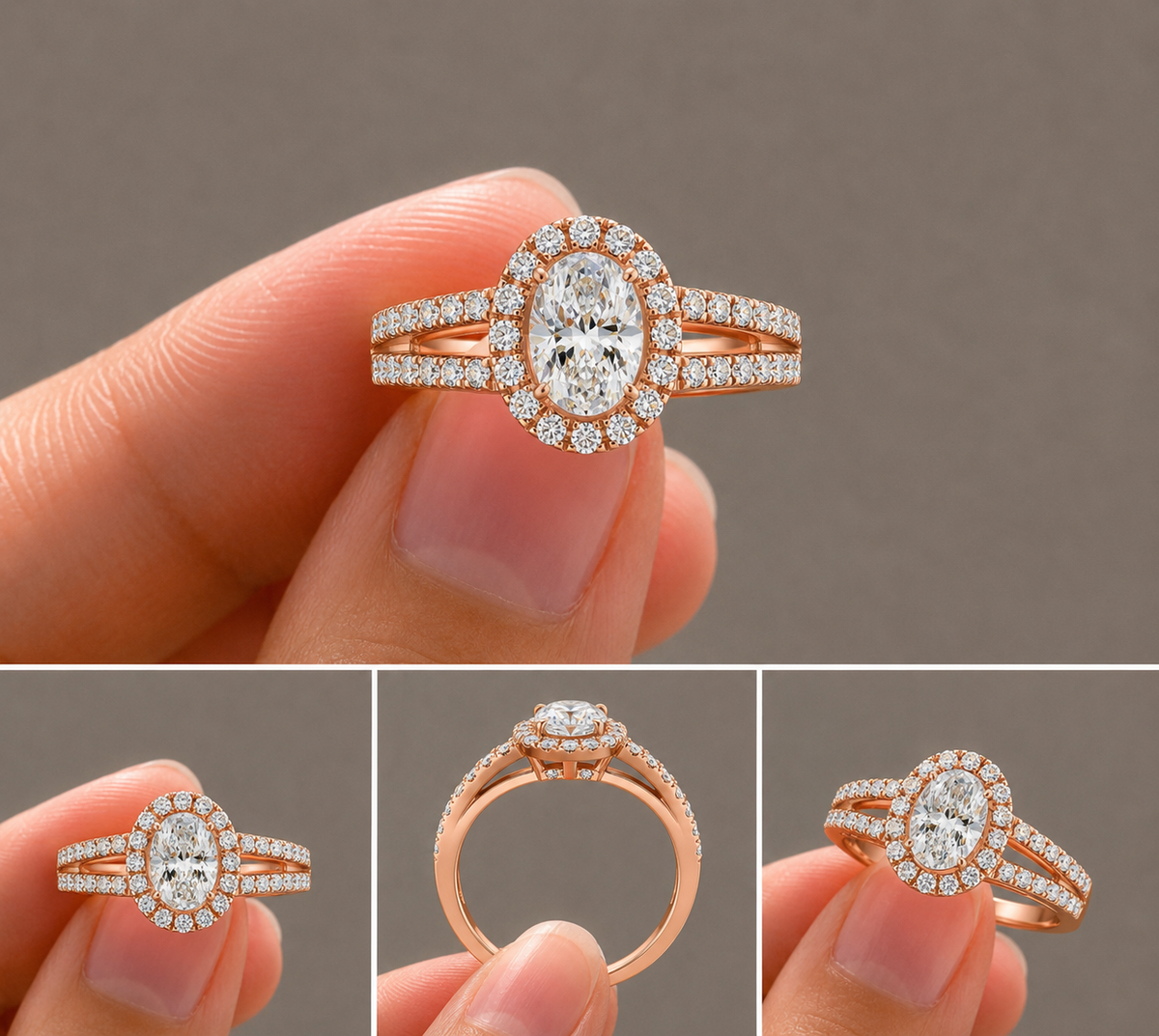 Oval Halo Double Split Lab-Grown Diamond Ring, IGI-Certified, 14K 18K Gold, angled view