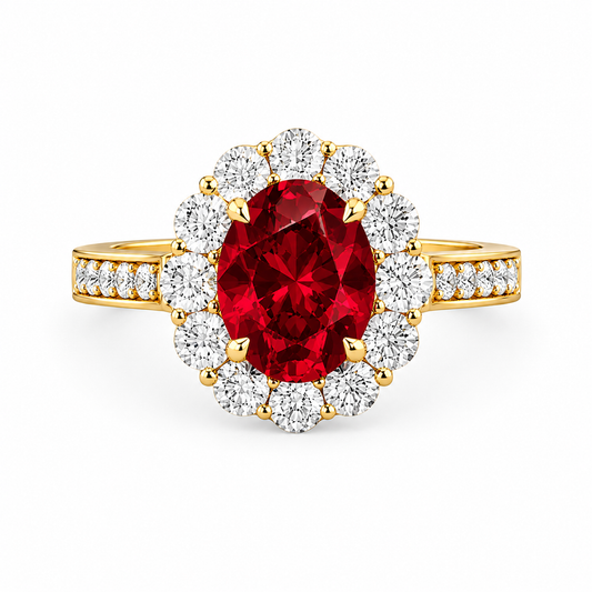 Ruby Oval Halo Birthstone Ring in Lab Grown Emerald