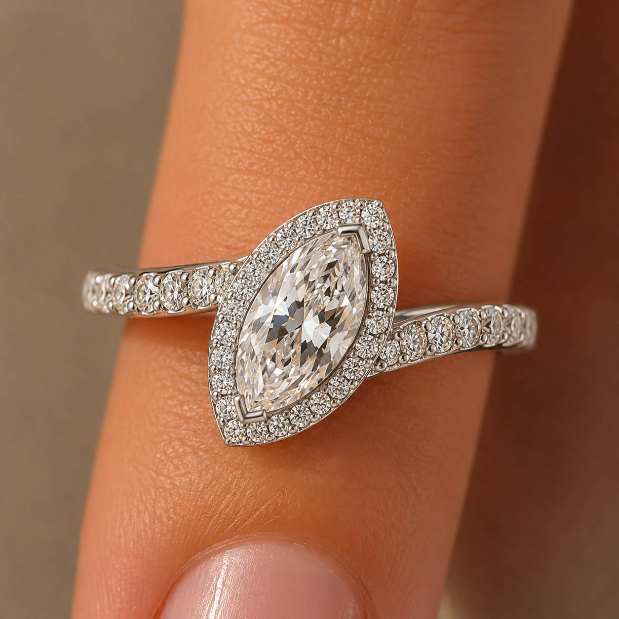 Marquise Oblique Halo Engagement Ring in Lab Grown Diamond