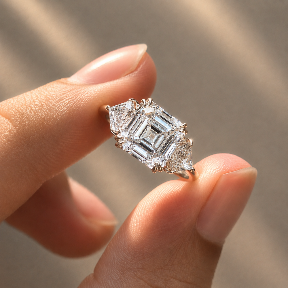 4 Ct Asscher Cut Diamond Ring with Triangle Side Stones | Lab-Grown Diamond