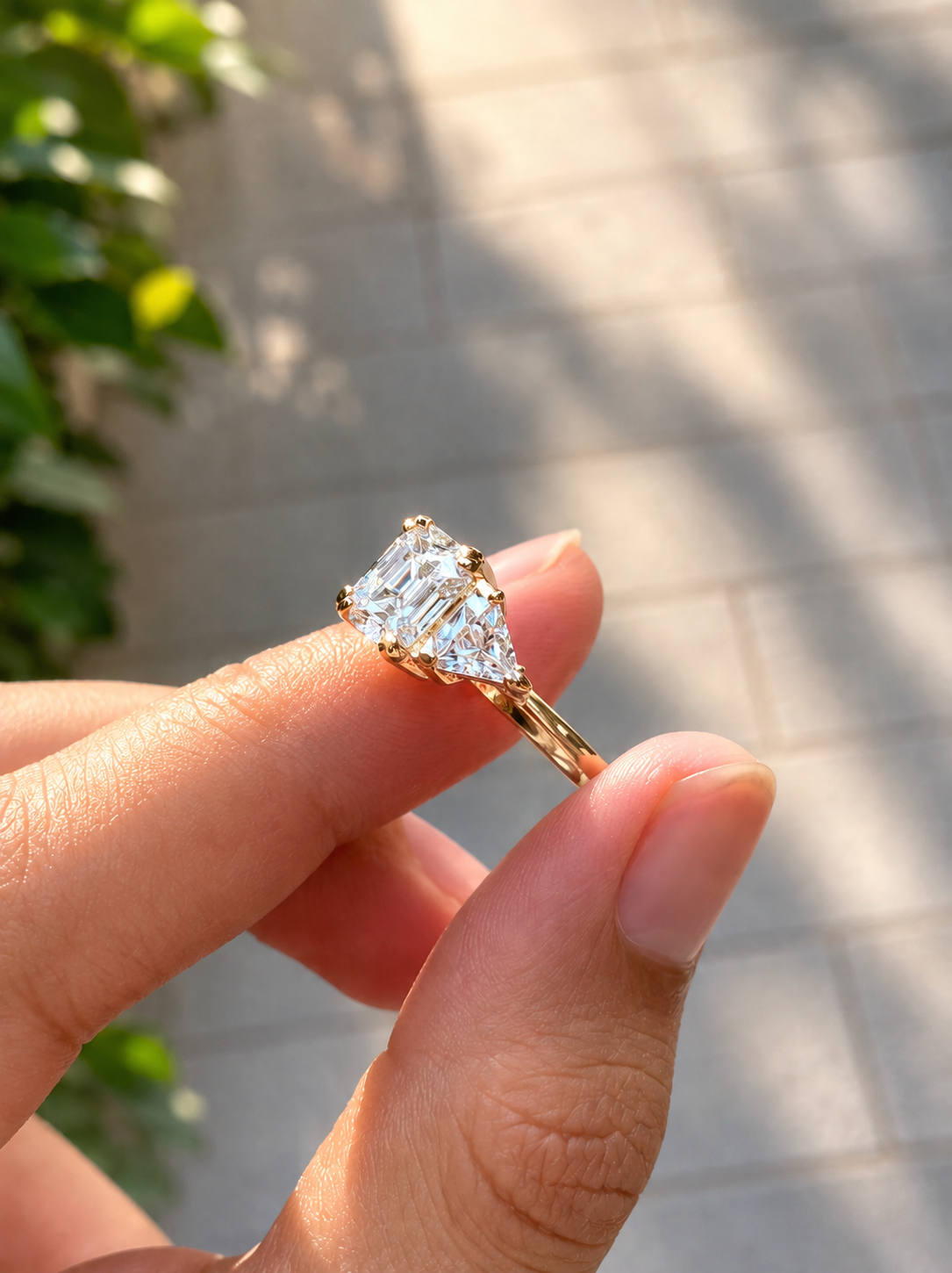 Asscher Cut Ring, IGI-Certified, triangle step-cut side stone detail