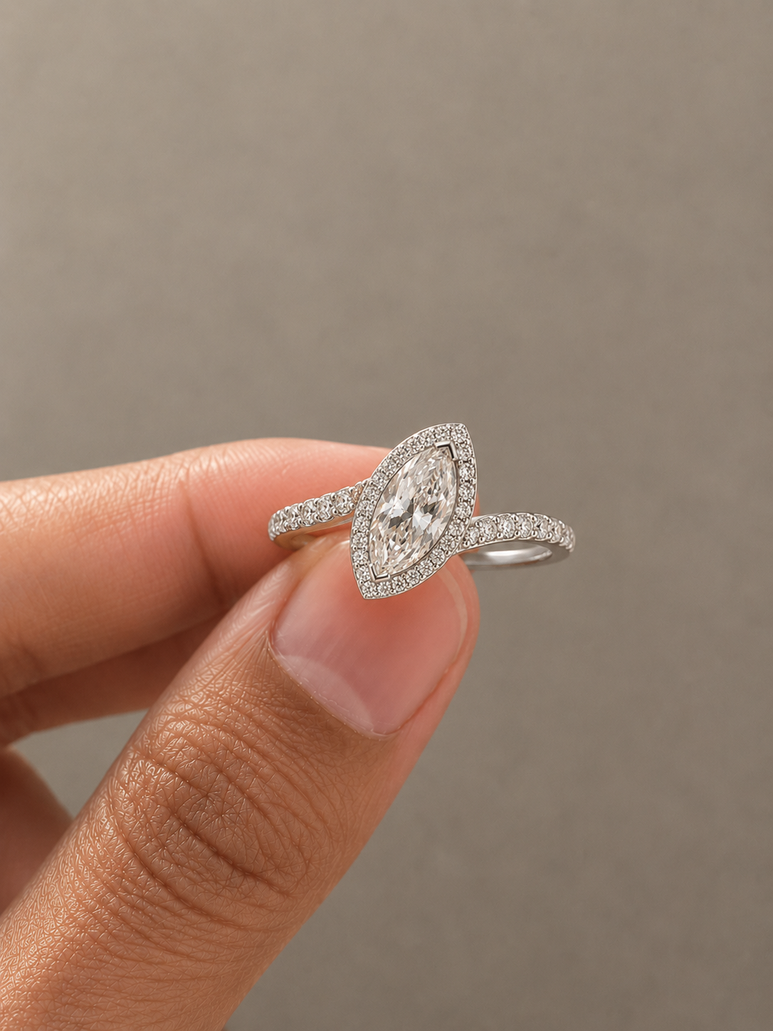Marquise Oblique Halo Lab-Grown Diamond Ring, IGI-Certified, 14K 18K Gold, front view