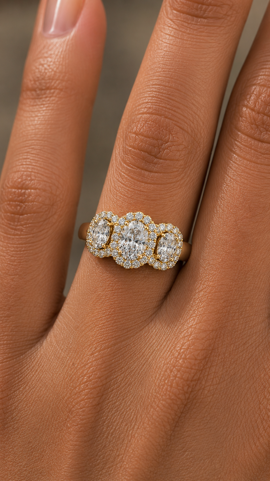 Three-Stone Oval Halo Lab-Grown Diamond Engagement Ring, IGI-Certified, 14K 18K Gold, front view
