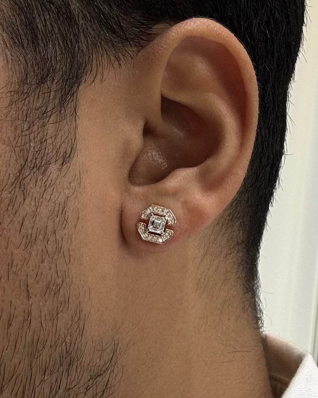 Men's Brill Princess Cut Lab-Grown Diamond Stud Earrings with Half Halo, IGI-Certified, 14K 18K Gold