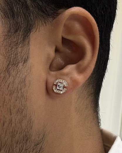 Men's Brill Princess Cut Lab-Grown Diamond Stud Earrings with Half Halo, IGI-Certified, 14K 18K Gold