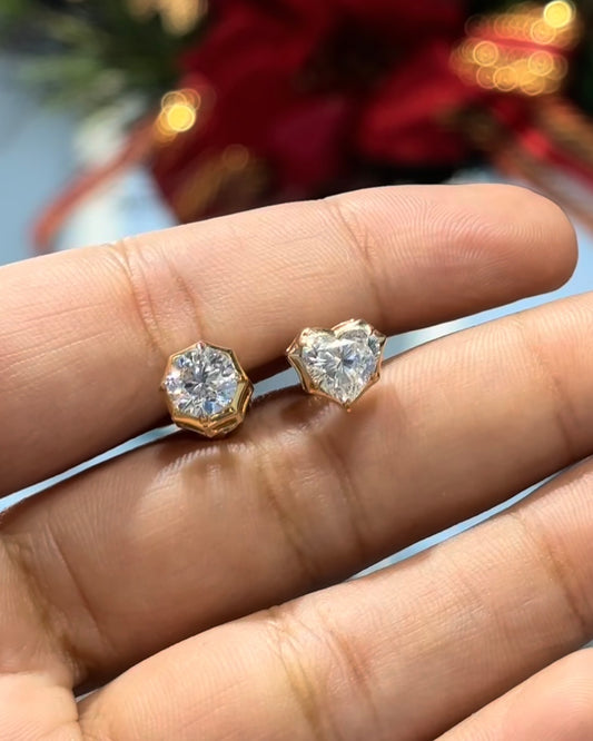 Crown Solitaire Studs in Heart & Round Brilliant Diamond