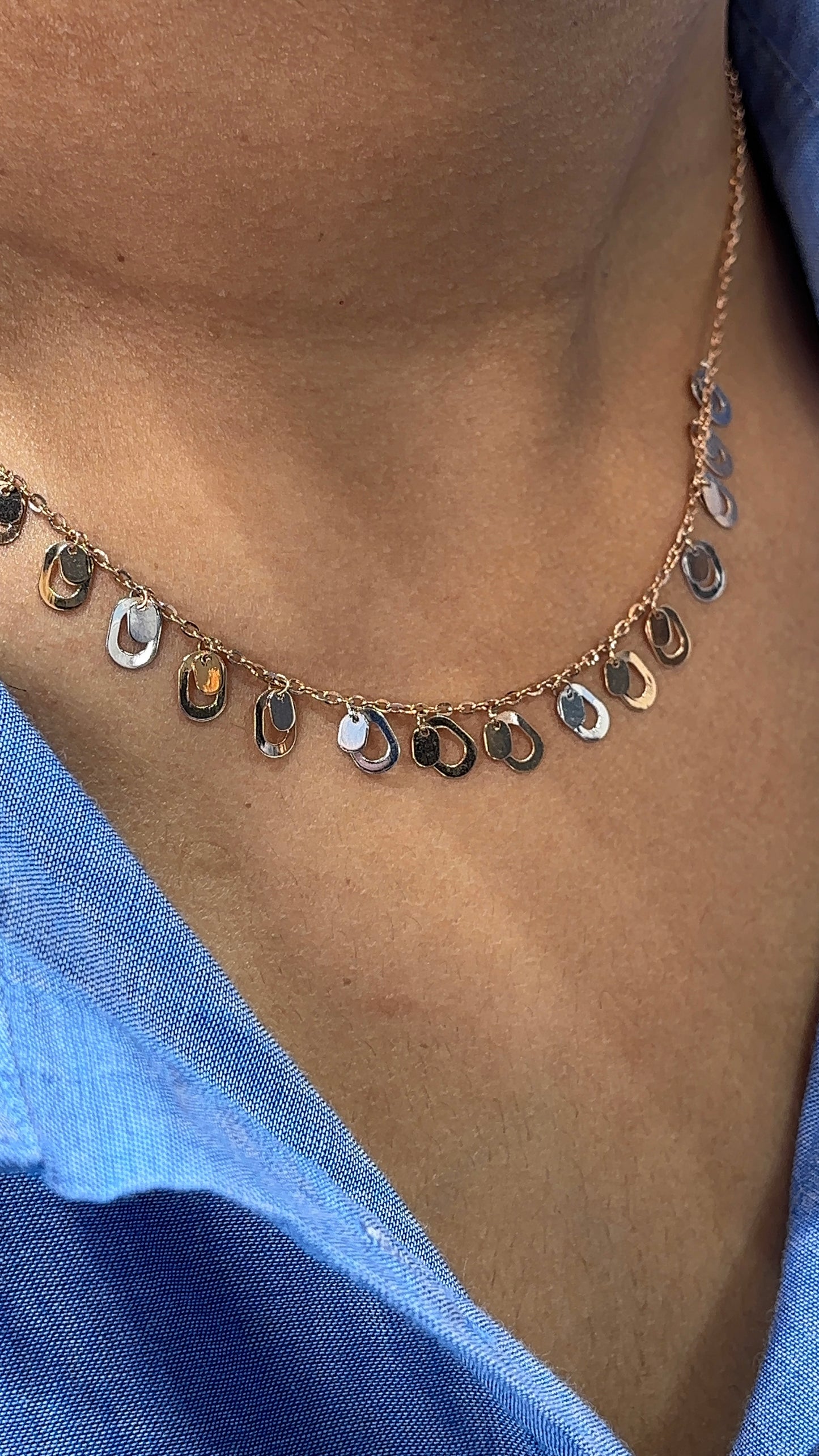 18K Two-Tone Gold Circular Link Necklace - Rose & White Gold 16.5 Inch