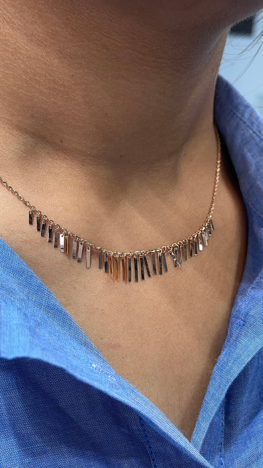 18K Rose Gold Bar Fringe Necklace - Contemporary Statement Piece 17.5 Inch