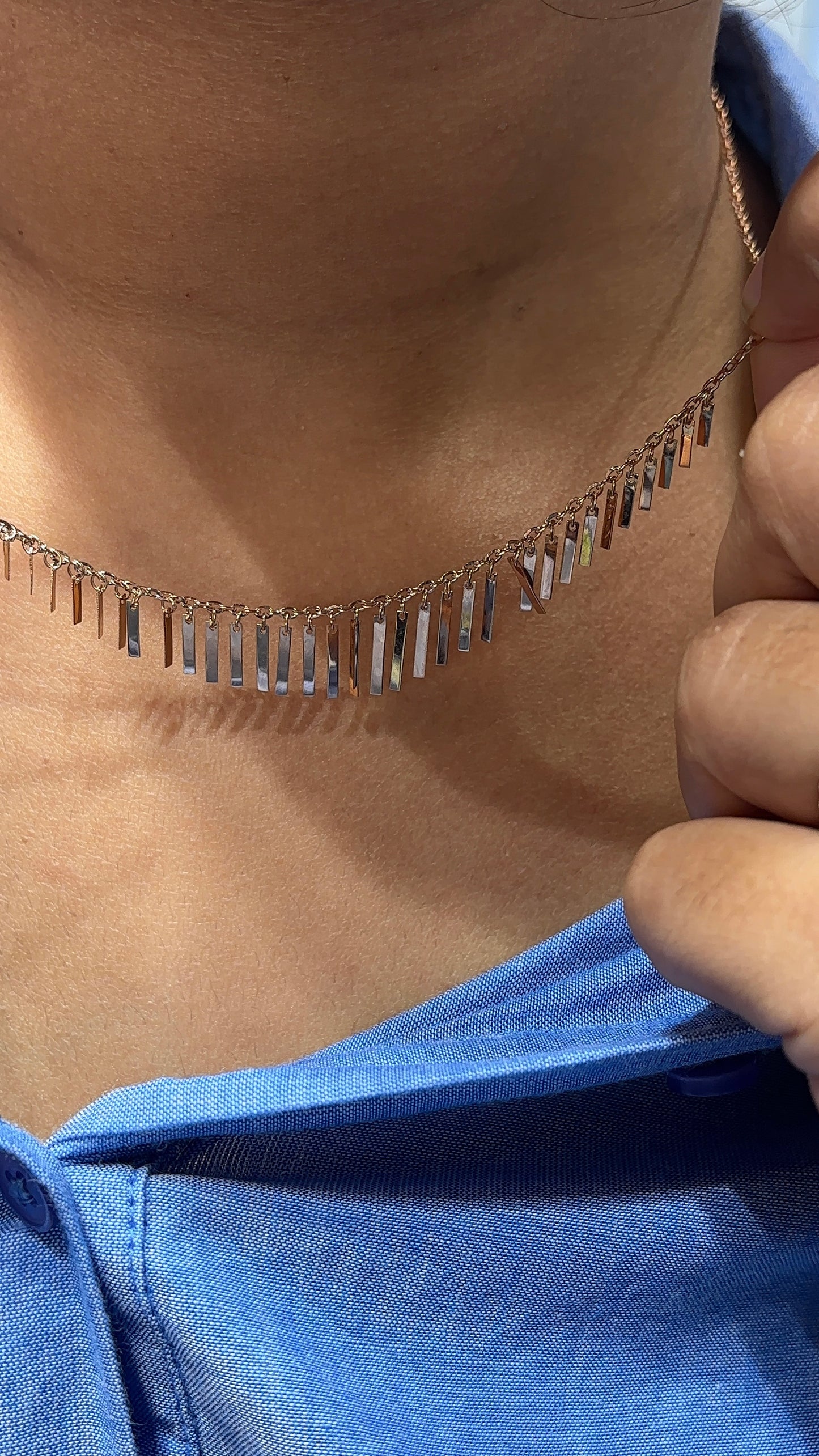 18K Rose Gold Bar Fringe Necklace - Contemporary Statement Piece 17.5 Inch