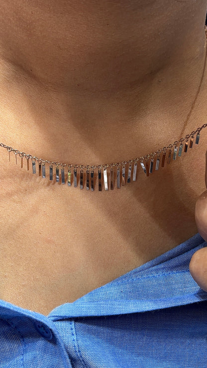18K Rose Gold Bar Fringe Necklace - Contemporary Statement Piece 17.5 Inch