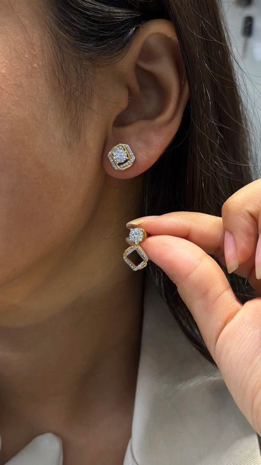 Dual Tone Cushion Diamond Stud Earrings with Detachable Jacket