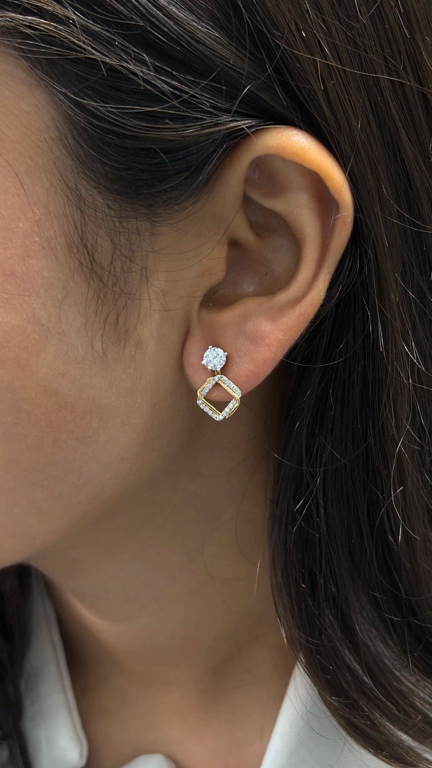Dual Tone Diamond Stud Earrings with Detachable Jacket