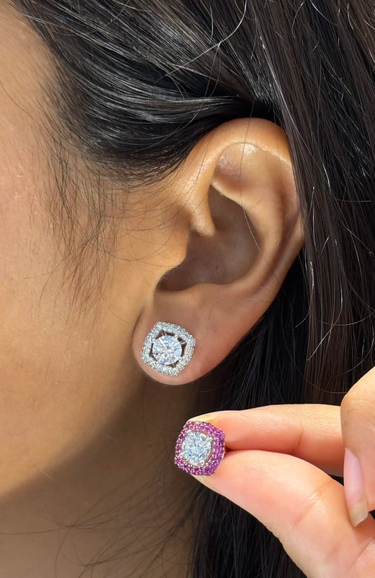 Diamond Stud Earrings with Pink and Green Detachable Jackets