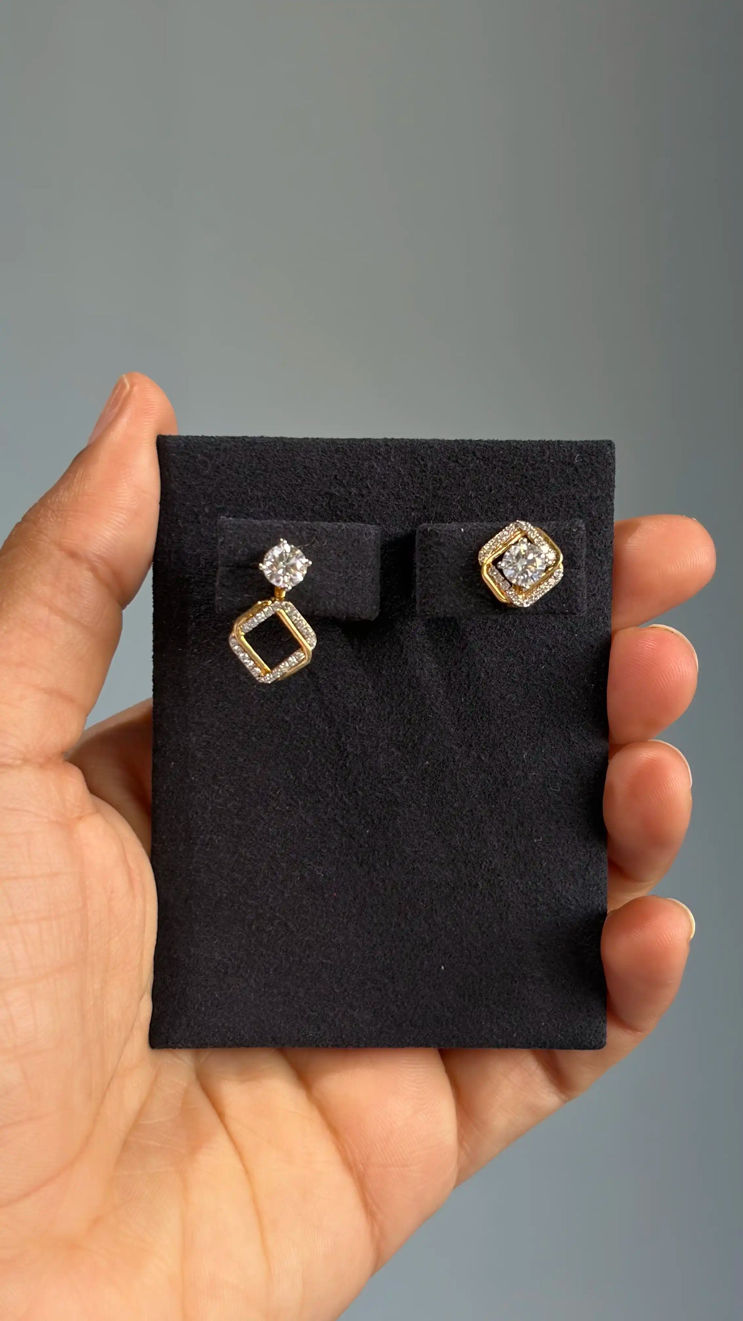 Dual Tone Cushion Diamond Stud Earrings with Detachable Jacket