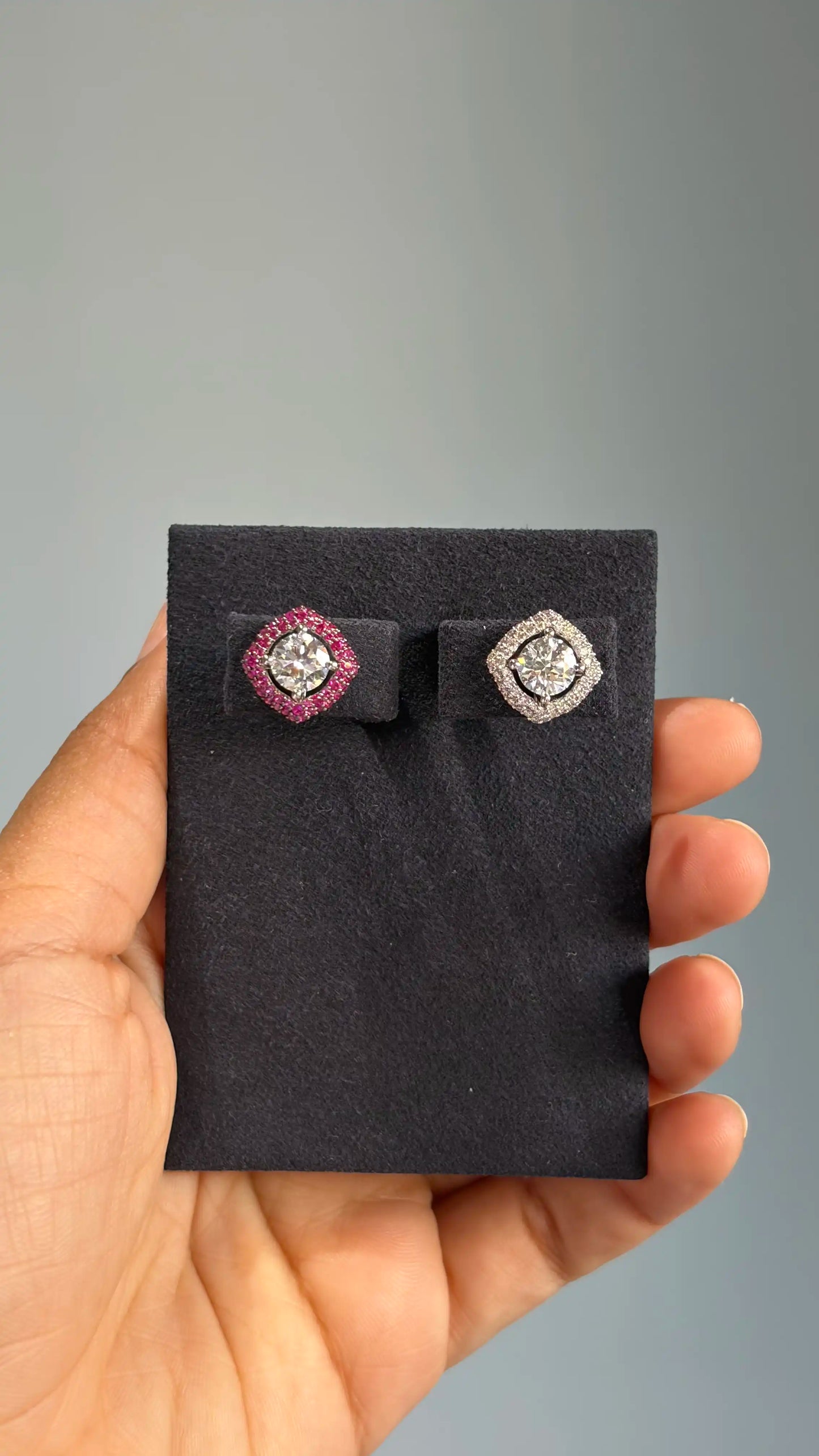 Diamond Stud Earrings with Pink and Green Detachable Jackets