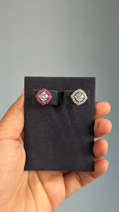 Diamond Stud Earrings with Pink and Green Detachable Jackets