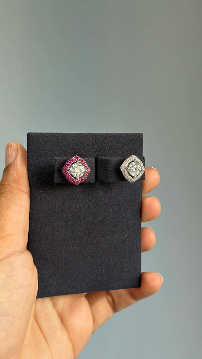 Diamond Stud Earrings with Pink and Green Detachable Jackets