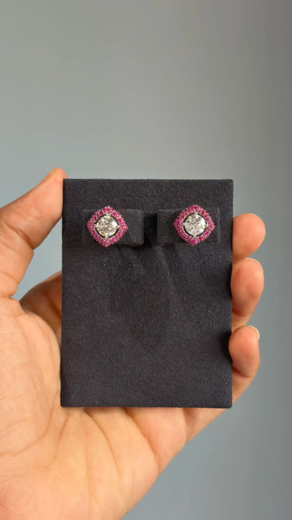 Diamond Stud Earrings with Pink and Green Detachable Jackets