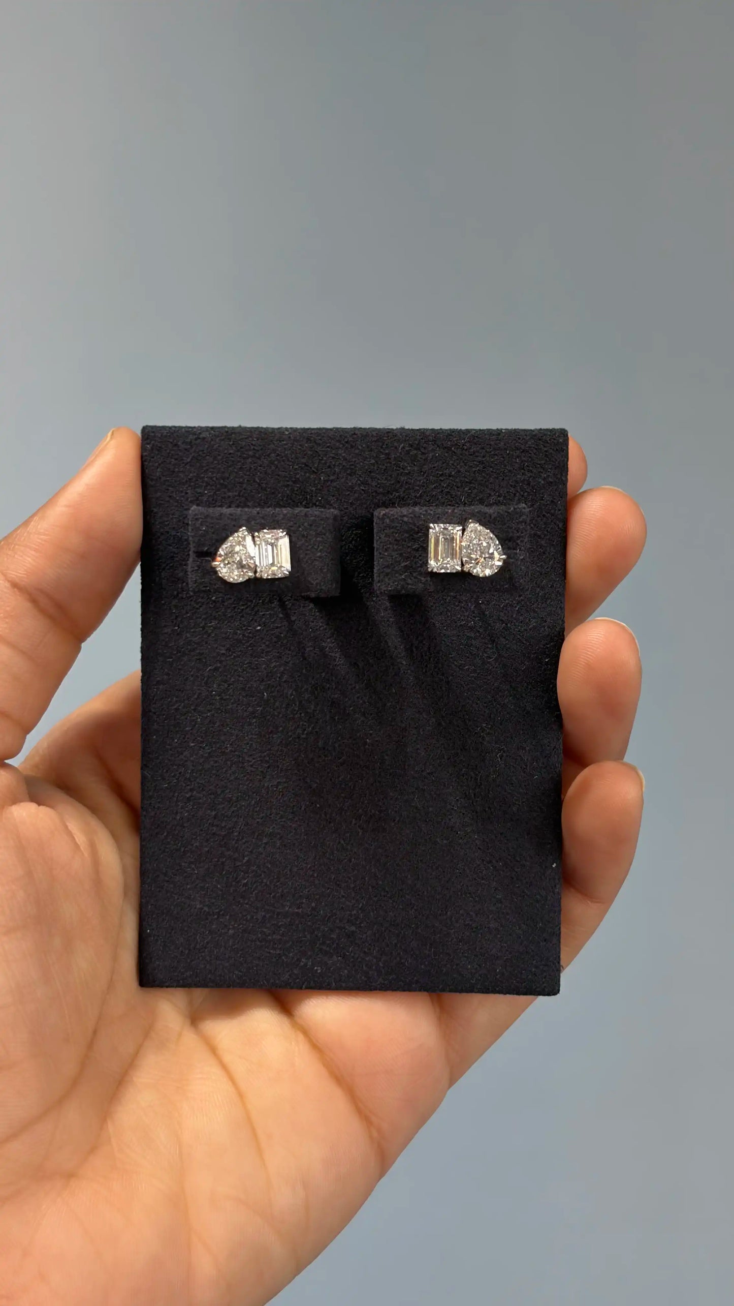 Classic Toi et Moi Pear and Emerald Cut Diamond Stud Earrings