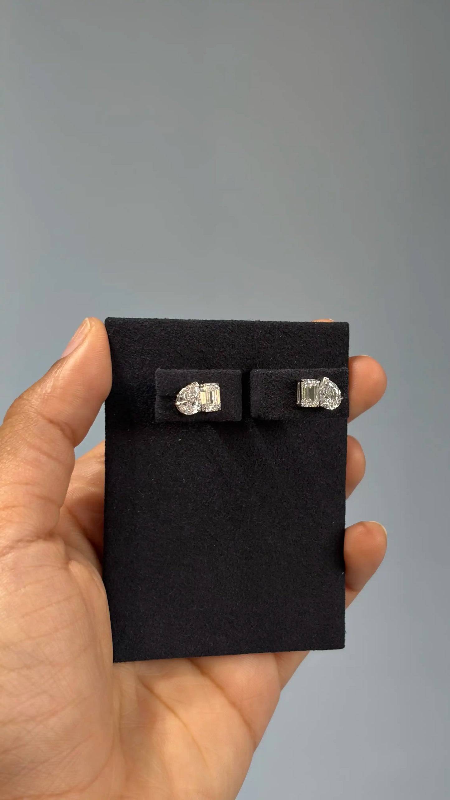 Classic Toi et Moi Pear and Emerald Cut Diamond Stud Earrings