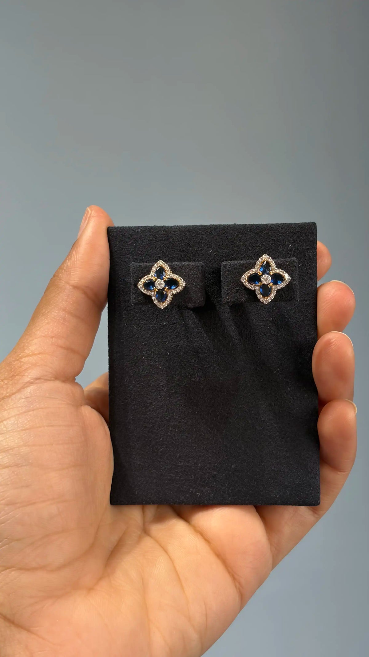 Sapphire and Diamond Floral Lab-Grown Diamond Stud Earrings, IGI-Certified, 14K 18K Gold, front view