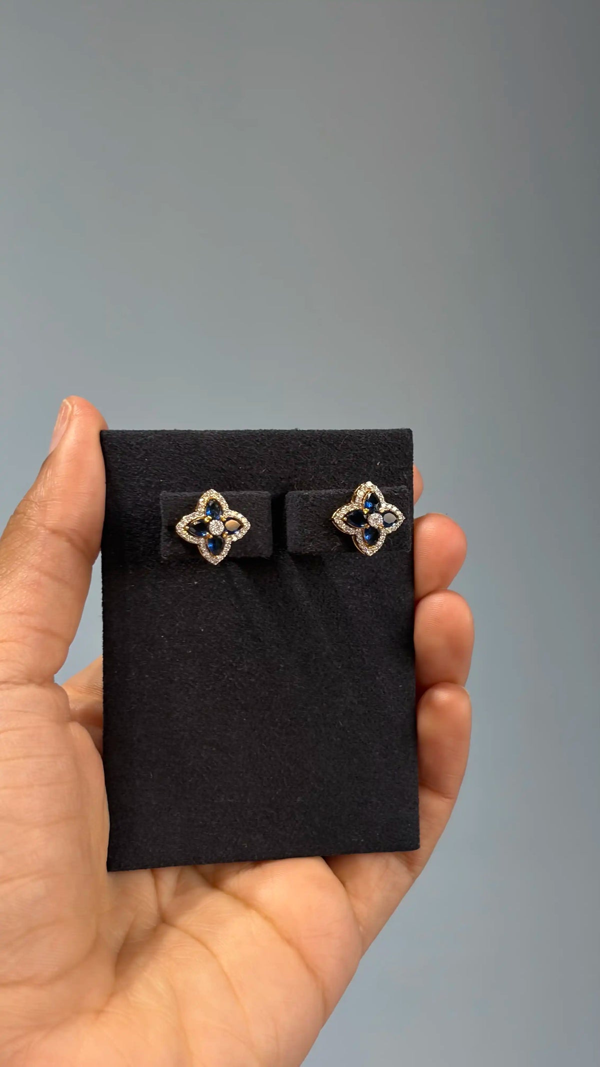 Sapphire and Diamond Floral Stud Earrings, IGI-Certified, close-up of sapphires