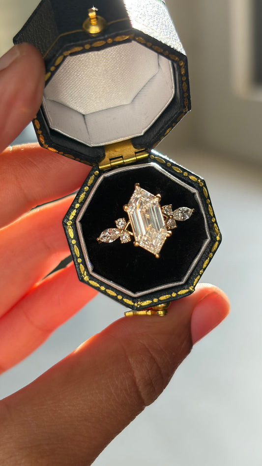 Hexagonal Vintage Lab-Grown Diamond Ring with Marquise Accents, IGI-Certified, 14K 18K Gold, front view