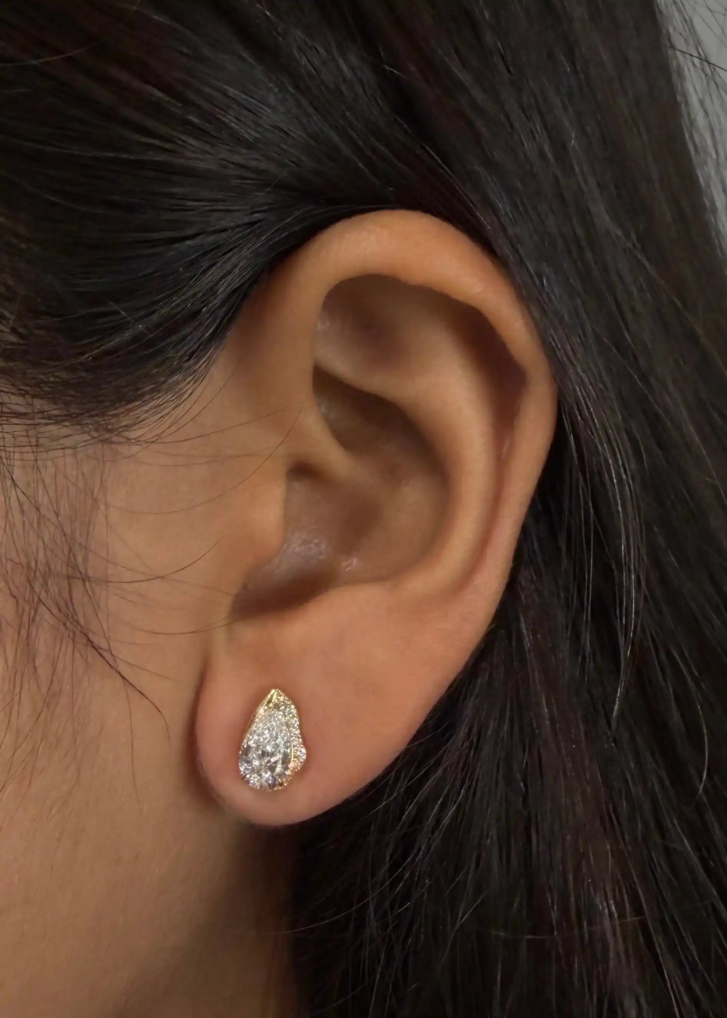 Pear Shape Diamond Crown Halo Stud Earrings