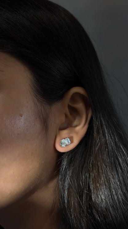 Classic Toi et Moi Pear and Emerald Cut Diamond Stud Earrings