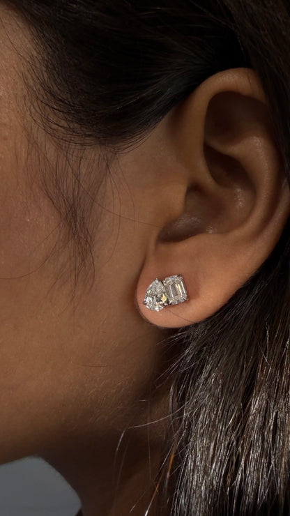 Classic Toi et Moi Pear and Emerald Cut Diamond Stud Earrings