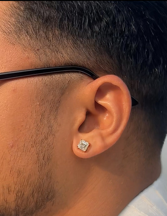 Men's Asscher Cut Diamond Stud Earring | 4 Claw Prongs