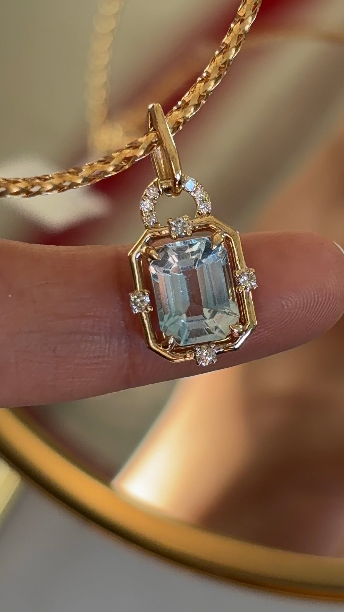 Blue Topaz Diamond Lock Pendant, Natural Gemstone, 14K 18K Gold, front view