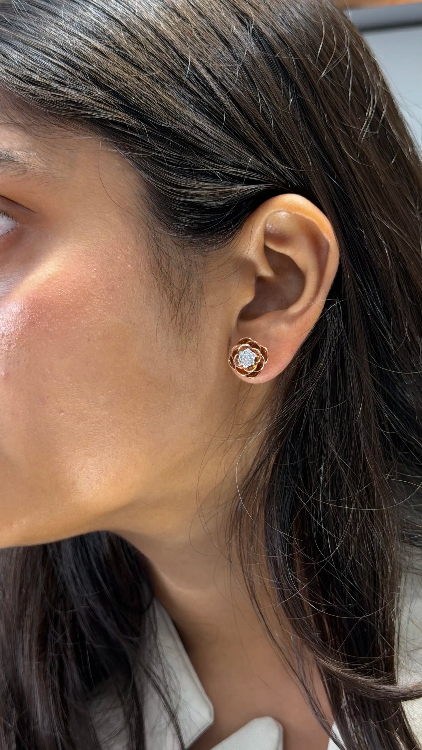 Rose Gold Floral Diamond Stud Earrings