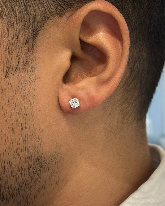Men's Cushion Cut Diamond Stud Earring | 4 Claw Prongs