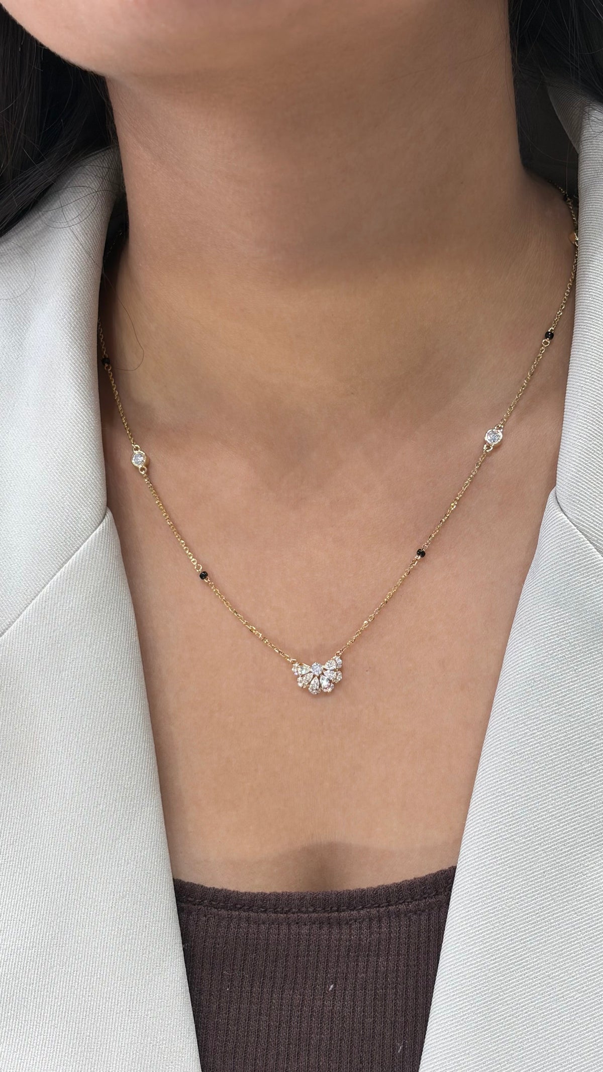 Half Flora Chain Pendant with Diamond Station Chain, IGI-Certified, 14K 18K Gold, front view