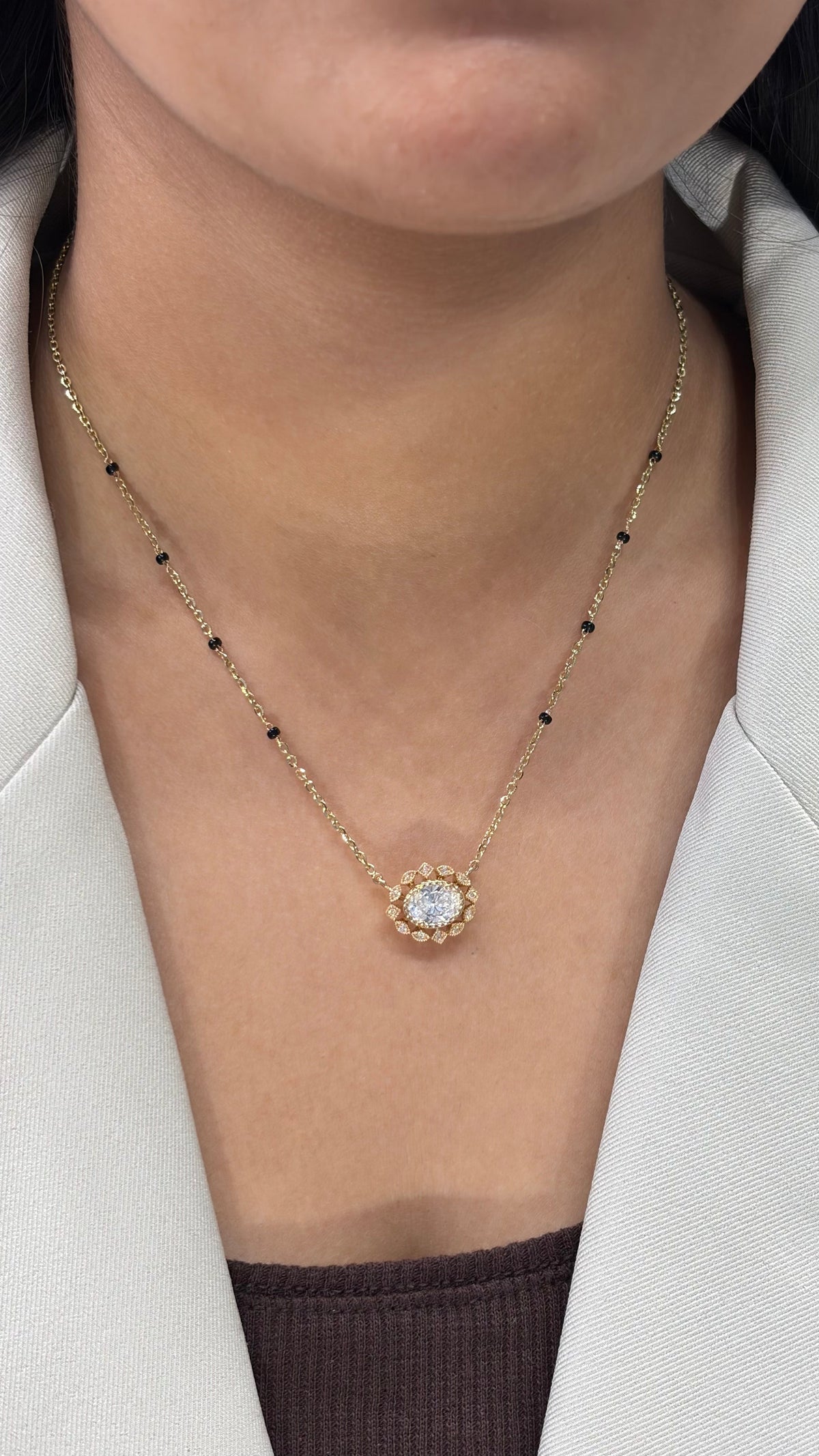 Mewari Oval Cluster Halo Mangalsutra, IGI-Certified, worn, 14K 18K Gold