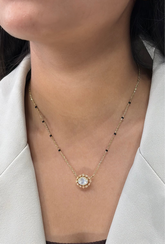 Mewari Oval Cluster Halo Lab-Grown Diamond Mangalsutra, IGI-Certified, 14K 18K Gold, front view