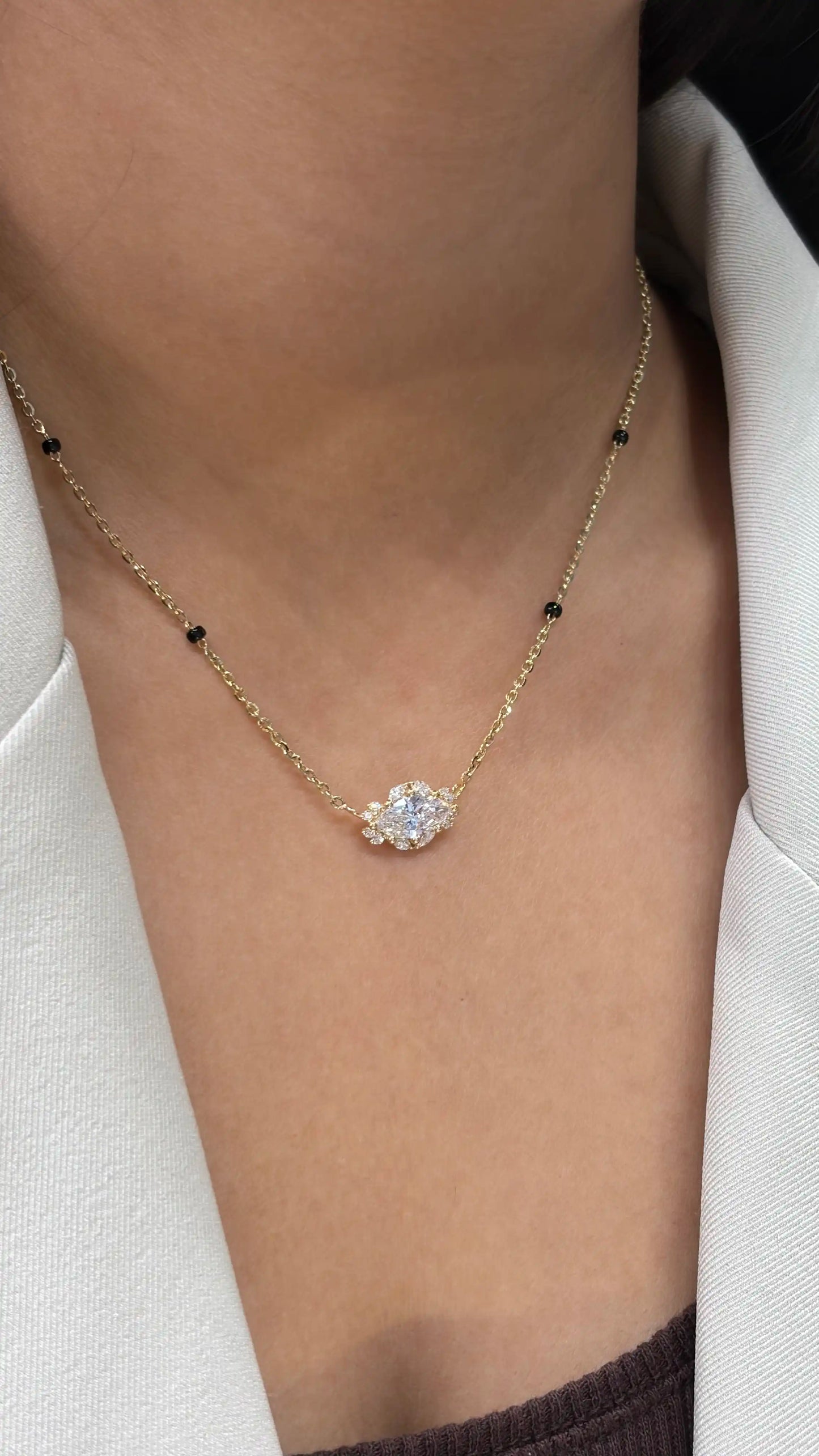 East-West Marquise Art Nouveau Mangalsutra with Baby’s Breath Halo in Lab Grown Diamond