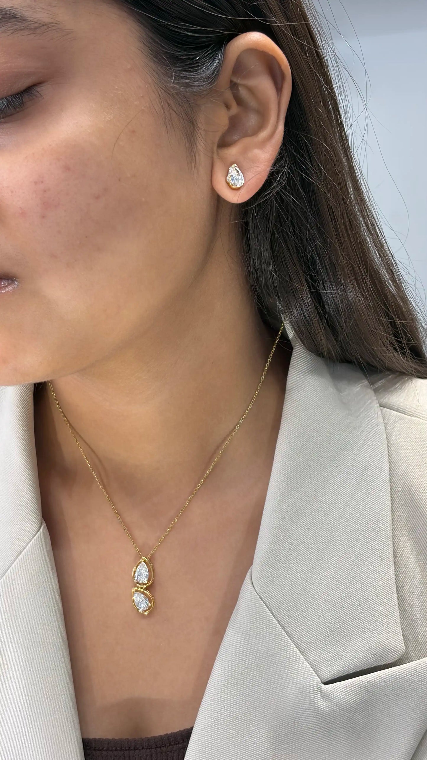 Pear Shape Diamond Crown Halo Stud Earrings