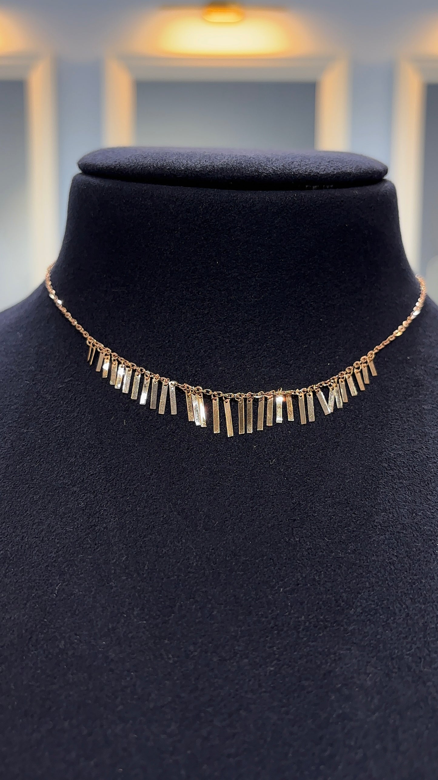 18K Rose Gold Bar Fringe Necklace - Contemporary Statement Piece 17.5 Inch