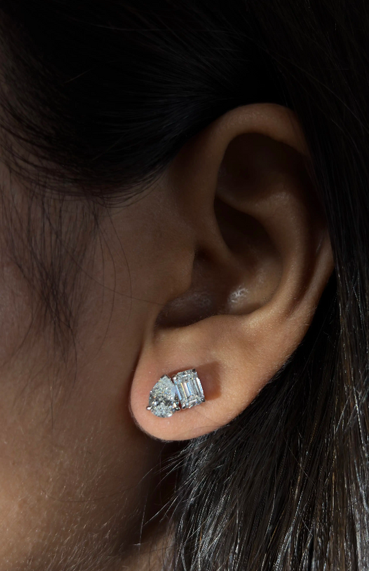 Classic Toi et Moi Pear and Emerald Cut Diamond Stud Earrings