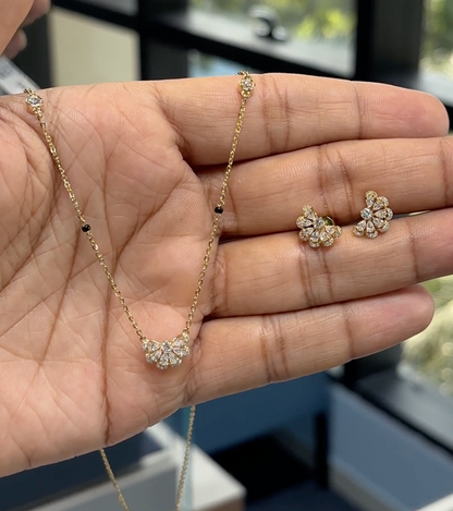 Half Flora Moon Mangalsutra Necklace Set – Gold, Lab-Grown Diamond, Classic & Station Chain Options, Pendant with Earrings