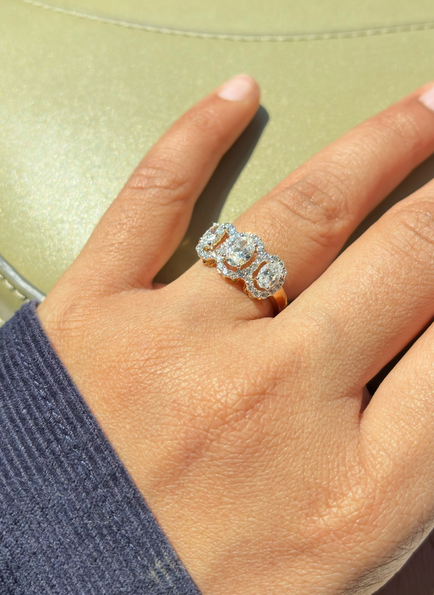 Three Stone Oval Halo Engagement Ring in Lab Grown Diamond